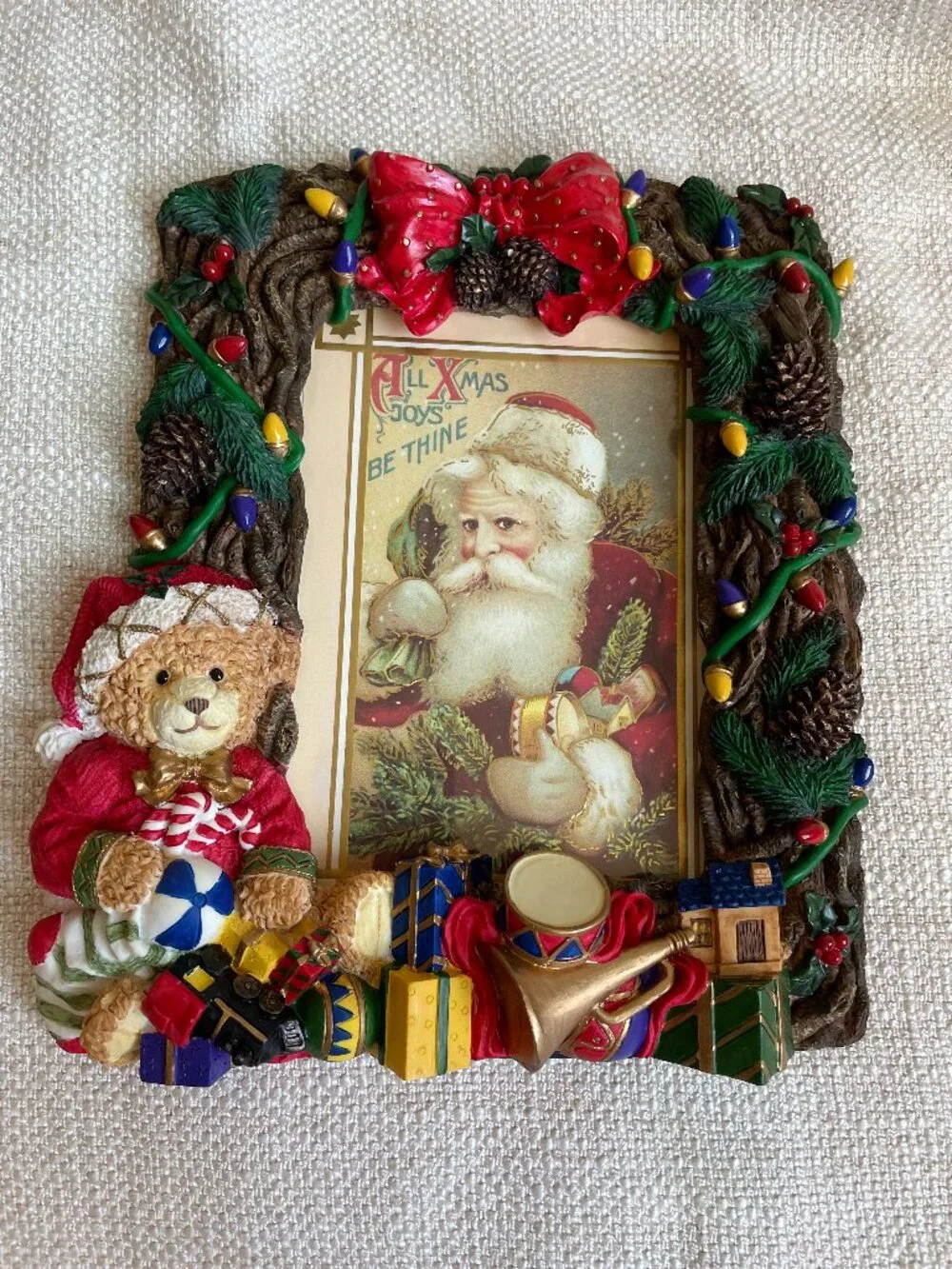 Vintage Ornate 3D Resin Christmas Teddy Bear Toys Picture Frame Fits 5x7” Photos